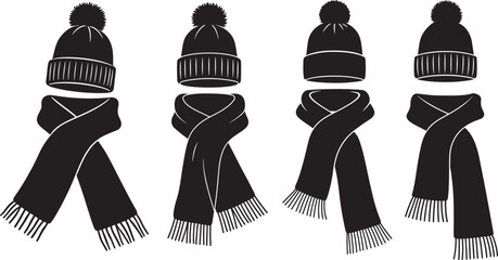 Four winter hats and scarves set silhouette