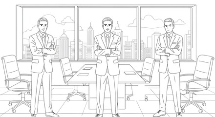 Line art illustration of a corporate team of three identical businessmen standing confidently in a modern office boardroom