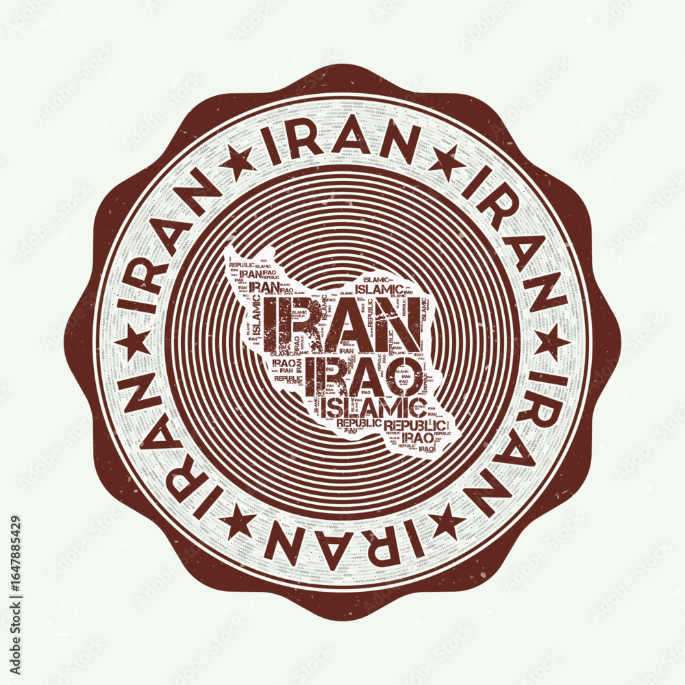 Poster iran seal. country round logo with shape of iran and country name in multiple languages wordcloud. a