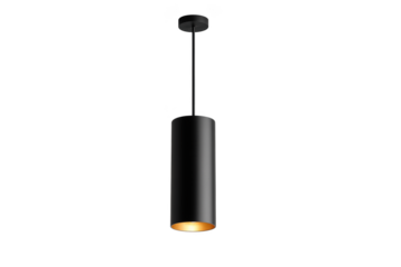Black cylinder pendant light with gold interior emitting warm light isolated on a transparent background
