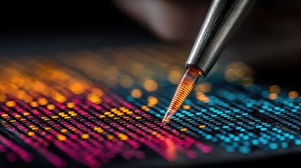 Precision soldering on a circuit board with glowing components, capturing the intricate world of electronics and innovation with vibrant, futuristic hues.