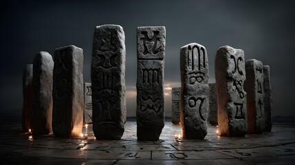 Ancient Stone Monoliths with Carved Zodiac Symbols in Dramatic Night Scene