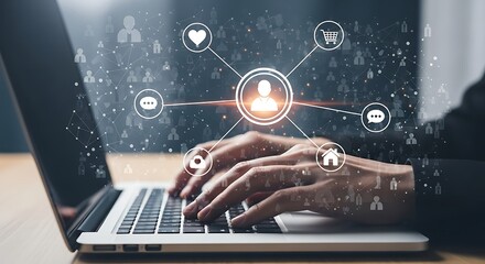 Person typing on a laptop with a digital network of people and icons