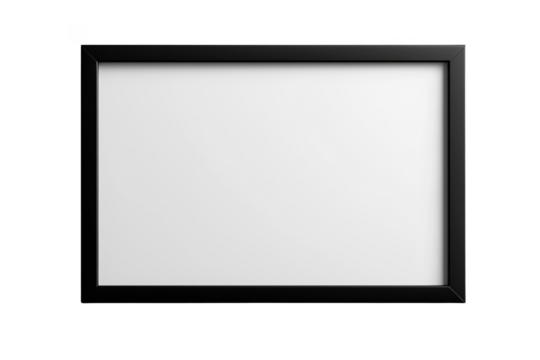 Black picture frame with blank white paper inside on black background isolated on a transparent background