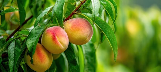 Obraz premium The Peaches Hanging on a Dewy Branch in a Lush Summer Orchard Setting