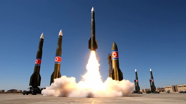 North Korean Missile Launch Display - A missile adorned with the North Korean flag is seen launching into a clear blue sky, surrounded by several stationary missiles on a concrete platform.