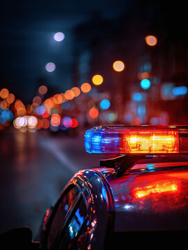 Police car emergency lights night city street law enforcement security patrol