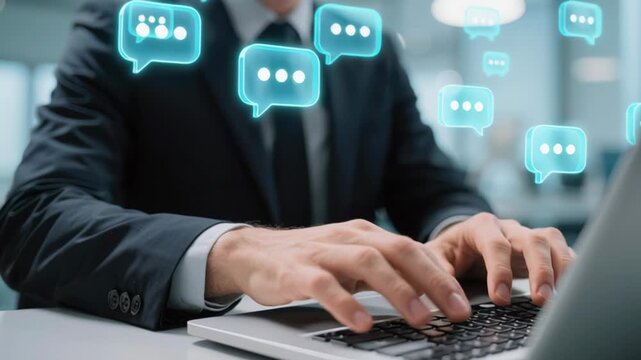 Feedback concept with business professional typing on laptop surrounded by digital chat icons.