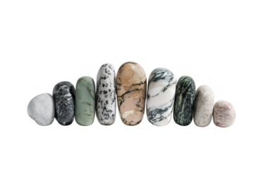 Collection of polished smooth tumbled stones with varied natural patterns and colors isolated on a transparent background