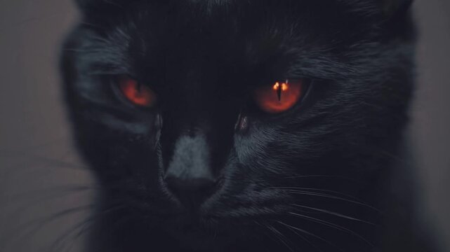 A black cat with glowing red-orange eyes staring intensely in the dark - eerie animal gaze with mystical Halloween concept
