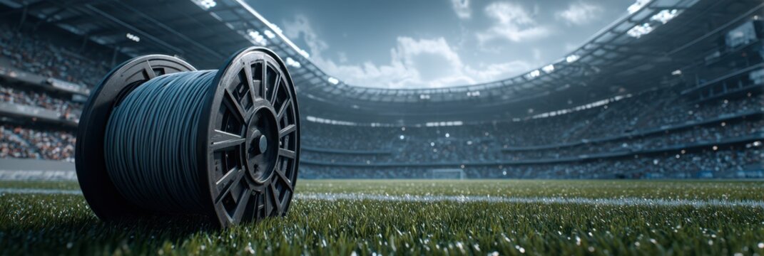 Sports stadium setting with a large spool of cable on the grassy field before an upcoming event