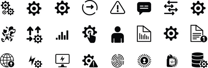 System settings and cybersecurity icon set with gears, user settings, data protection, fingerprint, analytics, alerts, and reports
