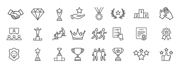 Achievement Recognition Line Icons Set Editable Stroke. Award, success, victory, prize, champion, leadership icon on white background