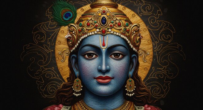 Lord Krishna with peacock feather crown, divine blue skin