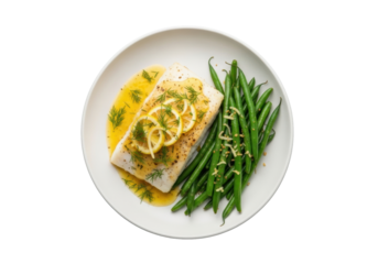 A perfectly baked cod fillet with lemon-dill sauce, fresh dill, and green beans on a white plate, flat lay, transparent background, studio lighting, concept of healthy gourmet dining
