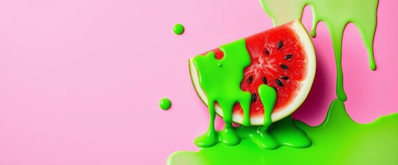 Pink background, watermelon slice dripping vibrant green paint, minimal summer pop art style, background, summer vibes