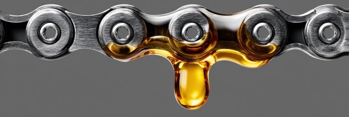 Close-up view of oil dripping from a bicycle chain on a gray background during routine maintenance to ensure smooth performance