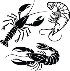 Stylized Crustaceans A Trio of Black Silhouette Seafood Delights Featuring a Lobster and Two Shrimp Species