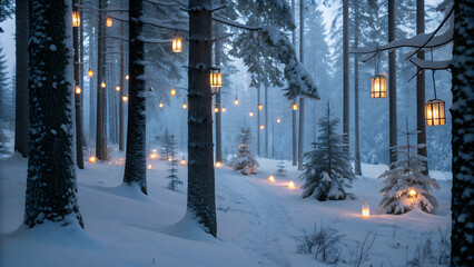 Enchanted snow covered forest path illuminated by hanging lanterns and glowing ground lights