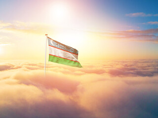 Uzbekistan flag waving light background hidden in the sky.