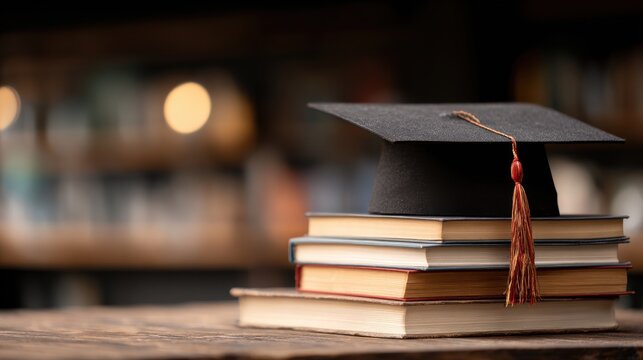 High definition photo of close-up of a graduation cap resting on a stack of books, symbolizing academic achievement and educational success.