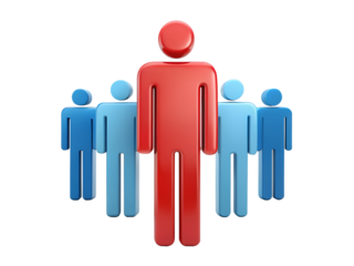 Red leader figure standing in front of a team of blue figures isolated on transparent background