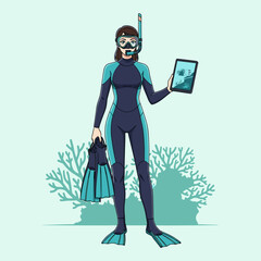 Female marine biologist anime vector illustration with diving gear and research tablet