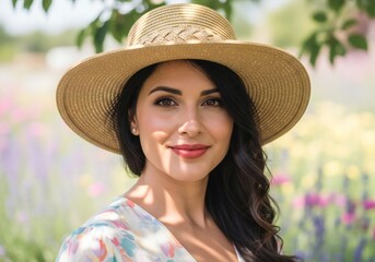 Brunette woman with sun hat smiles softly against a floral meadow backdrop in bright daylight