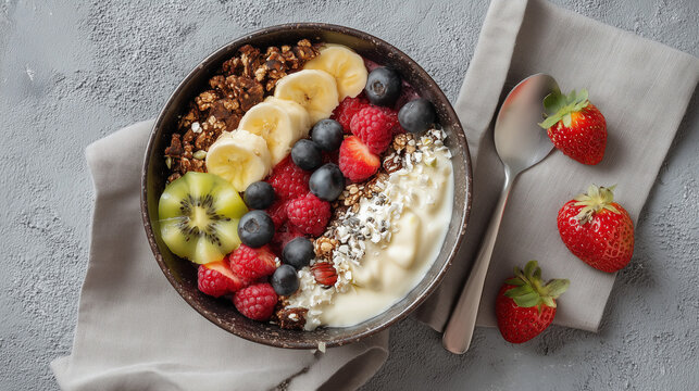Flat lay healthy breakfast bowl with fruits - Powered by Adobe