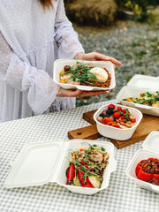 Picnic with healthy meals, fruits and ready food containers outdoors.