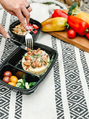 Picnic with healthy meals, fruits and ready food containers outdoors.