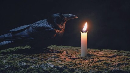 A black raven next to a lit white candle on forest moss during Halloween night - gothic horror aesthetic for supernatural and mysterious concepts