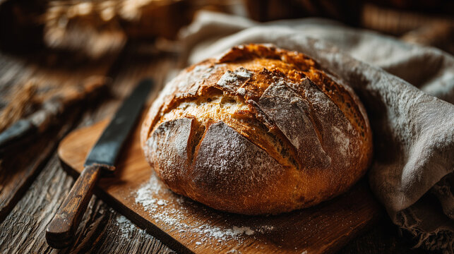 Close-up fresh bread loaf on rustic board