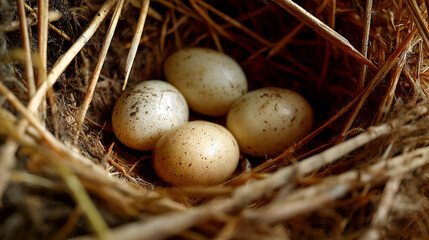 Obraz premium Close-Up of Speckled Bird Eggs in a Hay Nest