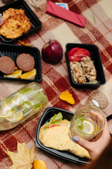Picnic with healthy meals in plastic containers, friends sharing food outdoors.