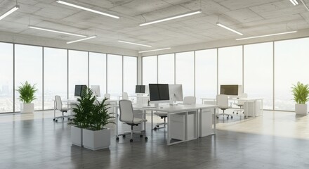 Bright and modern openplan office interior with desks, chairs, computers, and large windows offering a city view, creating a productive workspace