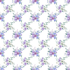 Seamless pattern with watercolor flowers, repeat floral texture, background hand drawing. Perfectly for wrapping paper, wallpaper, fabric, texture and other printing.