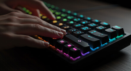 Fingers typing rapidly on a mechanical keyboard with vibrant RGB lights