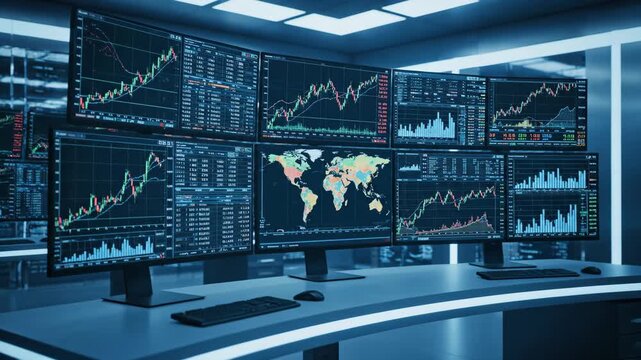 Financial Trading Desk with Multiple Monitors - A high-tech trading desk is equipped with multiple computer monitors displaying various financial data, charts, and graphs.