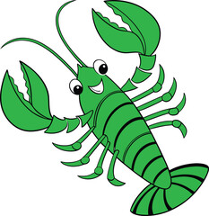 Cheerful Green Cartoon Lobster Character with Striped Tail and Claws Ready for Animated Fun and Seafood Illustrations