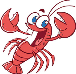 Cartoon Lobster Character with a Big Smile and Claws Up High in a Playful and Energetic Pose