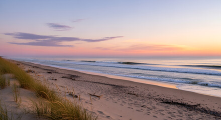 Obraz premium Secluded shoreline with ocean view and soft pastel sky.