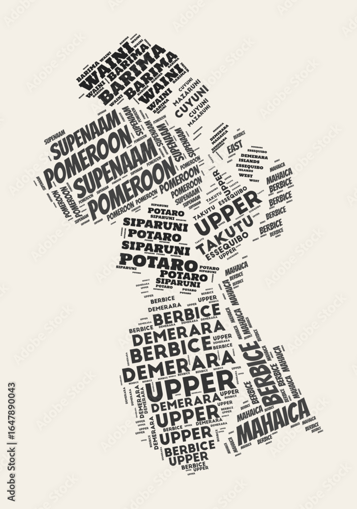 Poster guyana word cloud. country with regions division. guyana typographic text clouds vector image design