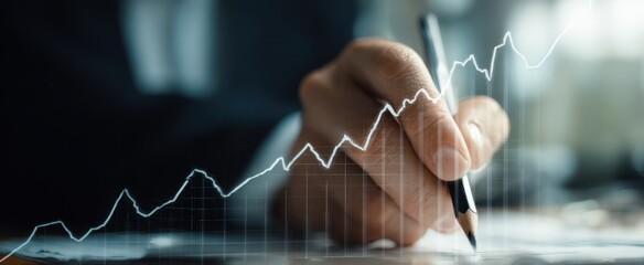 The hand drawing a rising financial graph with pen over business documents