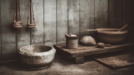 Rustic kitchen utensils and tools for traditional cooking and cultural culinary heritage concept