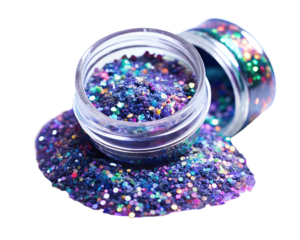 Colorful loose glitter in a jar, scattered on a transparent background for crafts and makeup