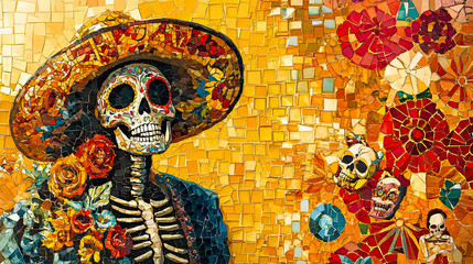 Vibrant mosaic artwork portraying the Day of the Dead celebrations with skulls and flowers for Hispanic Heritage Month