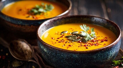 A close-up of warm pumpkin soup in rustic ceramic bowls on a dark wooden table