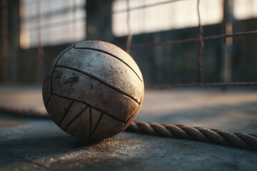 Realistic close-up of a worn volleyball resting on the court with soft sunlight casting shadows in an indoor gymnasium setting during late afternoon hours