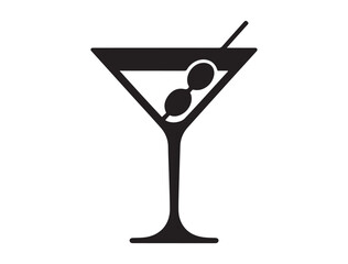 martini glass with olives, icon minimal cocktail symbol for menu, bar signage, or drink app interface. Vector black silhouette. with white background
